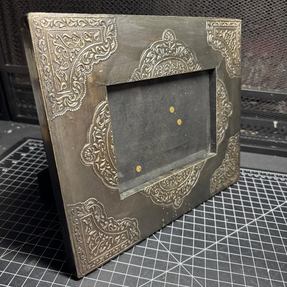 Vintage Embossed Metal Picture Frame Ornate Floral Scrollwork Pewter Tone 8x10